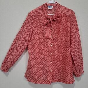 Vintage 70s Blouse Rejoice Bow Neck Women XL Red White Long Sleeve Office Floral